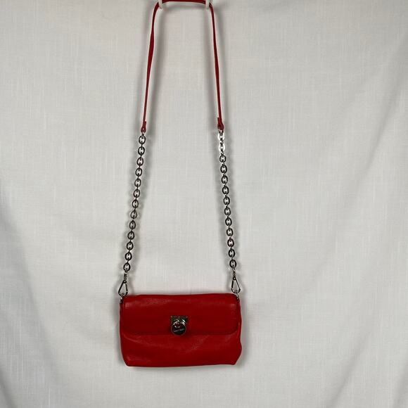 Calvin Klein Red Crossbody Bag / Wallet w Flap, Leather, Gold Chain, Lock Logo - Picture 1 of 12